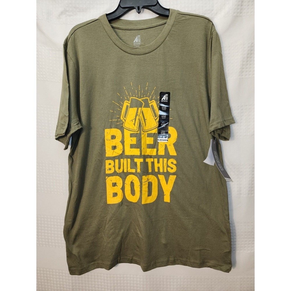 ADTN Mens Tshirt Lrg Beer Built This Body 100% Cotton Dad Graphic Tee Green